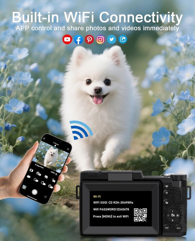 5K Digital Camera 64MP Vlogging 18X Zoom 180° Flip Screen WiFi w Lenses & 64GB4