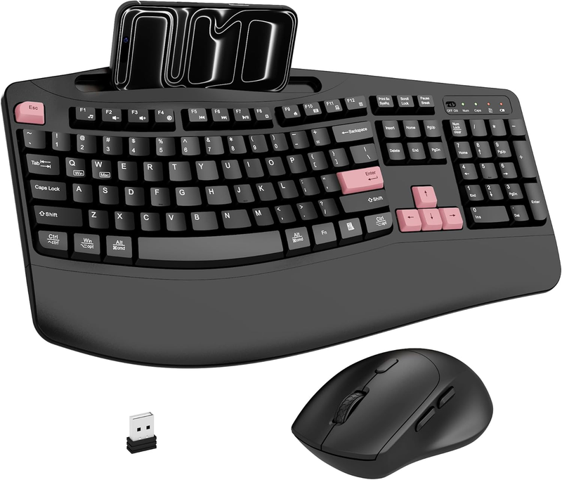 2.4G Wireless Keyboard and Mouse Combo Ergonomic Full Size Pink10