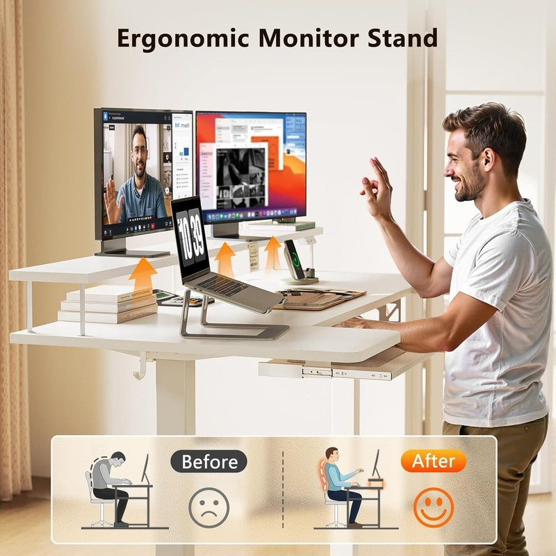 55” U-Shaped Electric Standing Desk Height Adjustable w/ Keyboard Tray White5