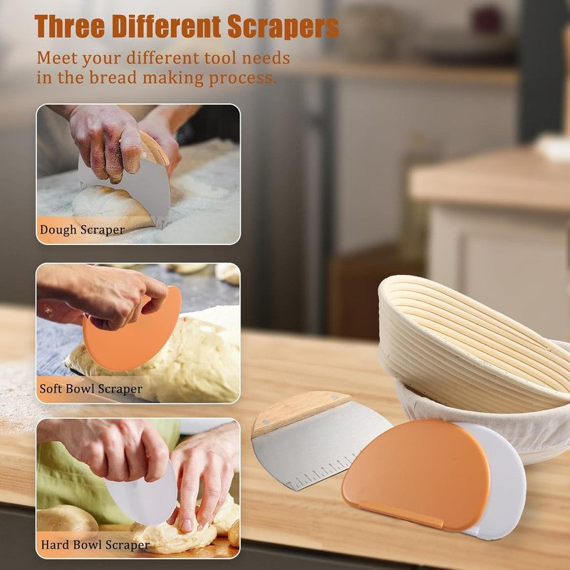 Banneton Basket Set 9" Round & 10" Oval w/ Liners   Sourdough Baking Kit & Tools7