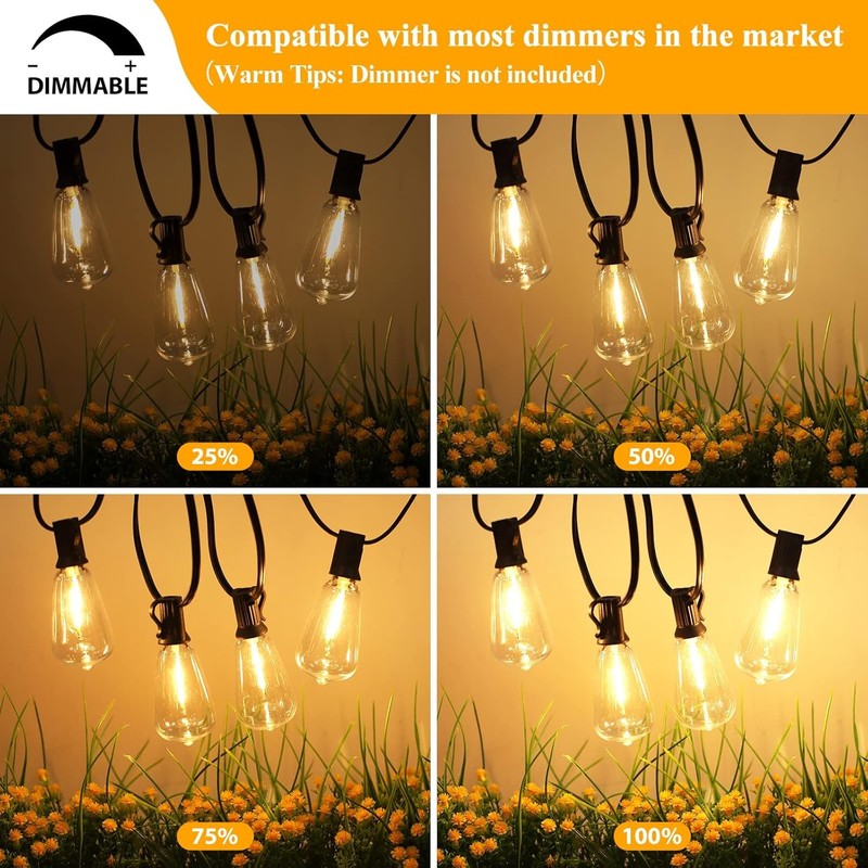 LED Outdoor String Lights 100FT Patio Lights with 52 Shatterproof ST38 Vintage E3