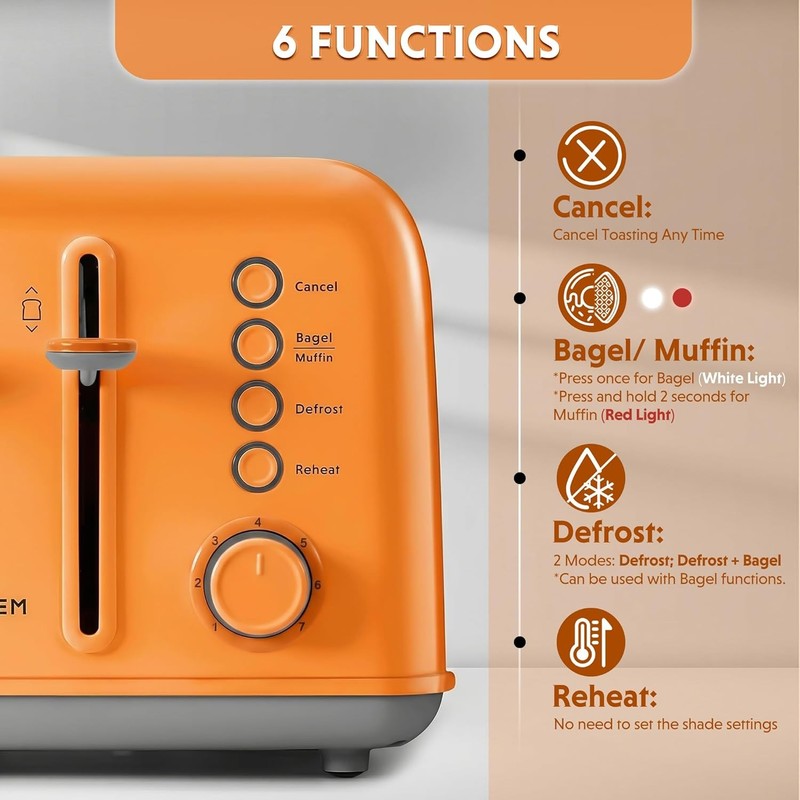 Retro 4 Slice Toaster 1800W Extra Wide Slots 7 Shade Bagel Stainless Orange1