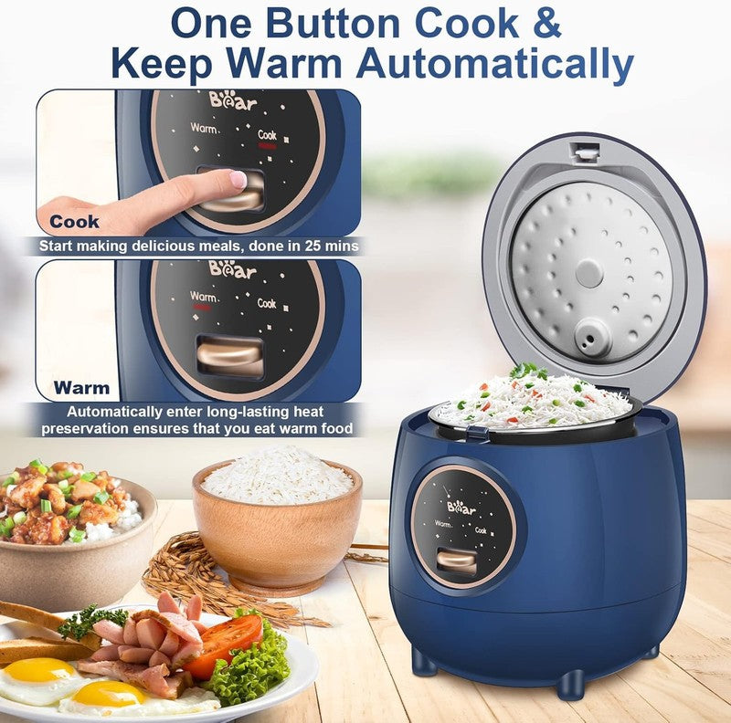 Bear Mini Rice Cooker 2 Cups, 1.2L Portable Nonstick One Button Cook & Warm Blue3