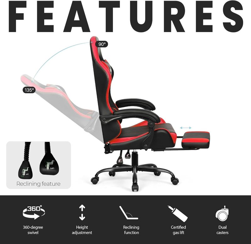 Video Gaming Chair with Support High Back Red Leather Office Desk Chair4