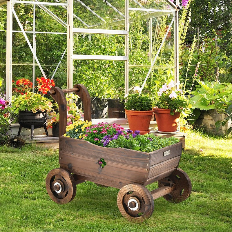 Decorative Wagon Cart Plant Flower Pot Stand Wooden Raised Garden Planter Box1
