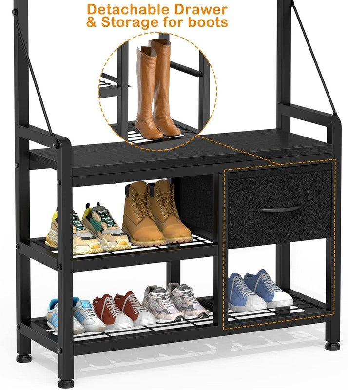 Hall Tree Entryway Bench with Coat Rack & Storage 5-in-1 Black 31.5"2