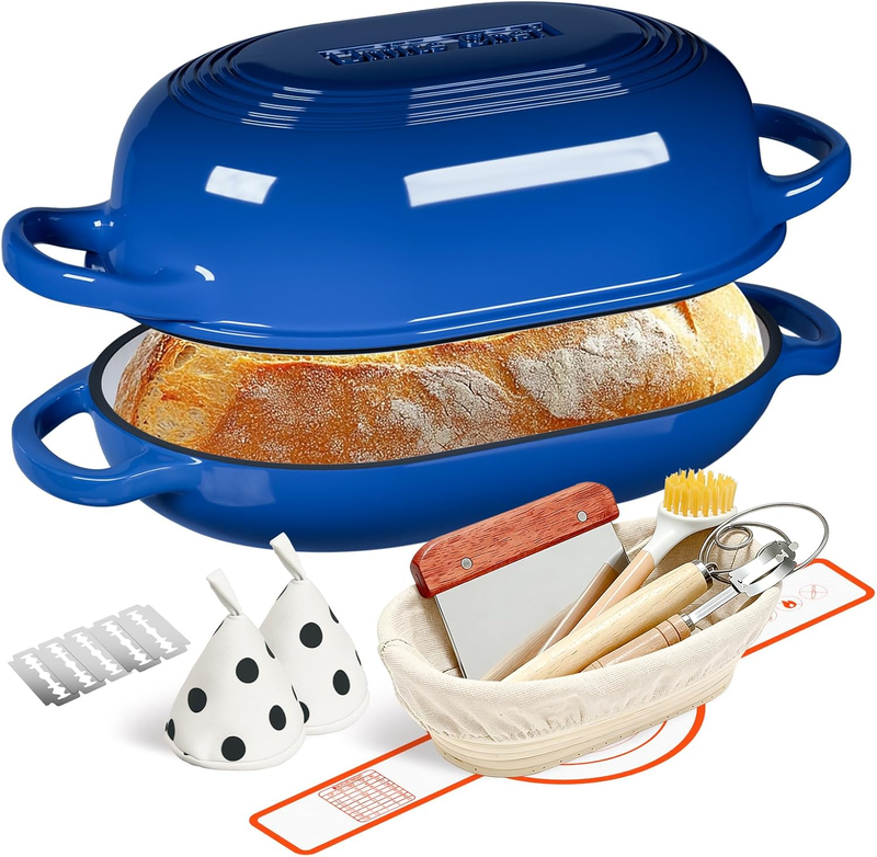 5QT Cast Iron Dutch Oven Bread Kit w/ Banneton Lame Blue0