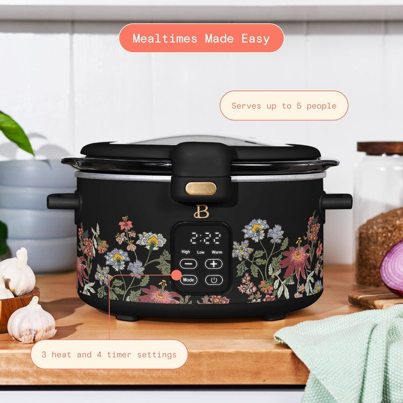 4 Qt Digital Slow Cooker with Hinged Locking Lid, Wildflower Black by Drew Barry1