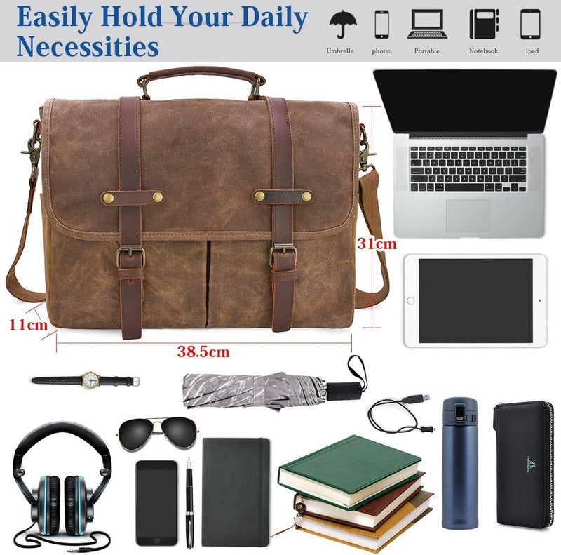 Men's 15.6" Waterproof Leather Canvas Laptop Messenger Bag Brown Satchel2