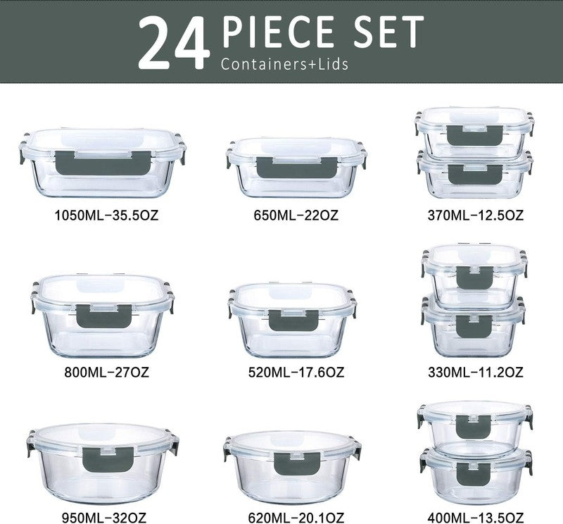 24 Piece Glass Meal Prep Containers Airtight Snap Lock Lids1