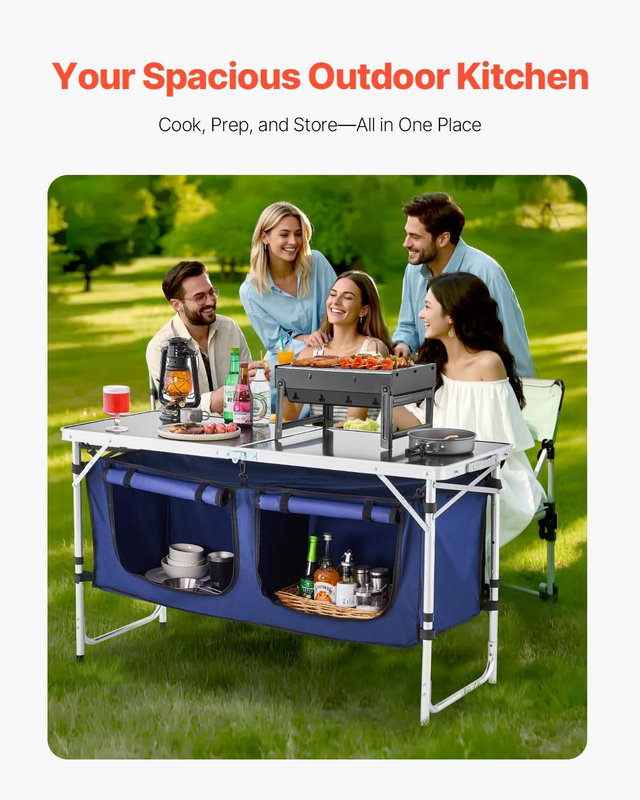 Camping Kitchen Table Folding Adjustable Height Cooking Station Aluminum Blue3