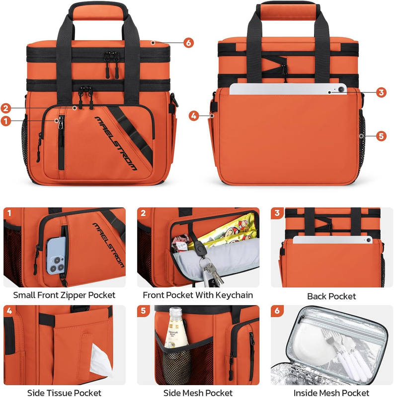 20L Expandable Double Deck Insulated Lunch Bag Orange Cooler2