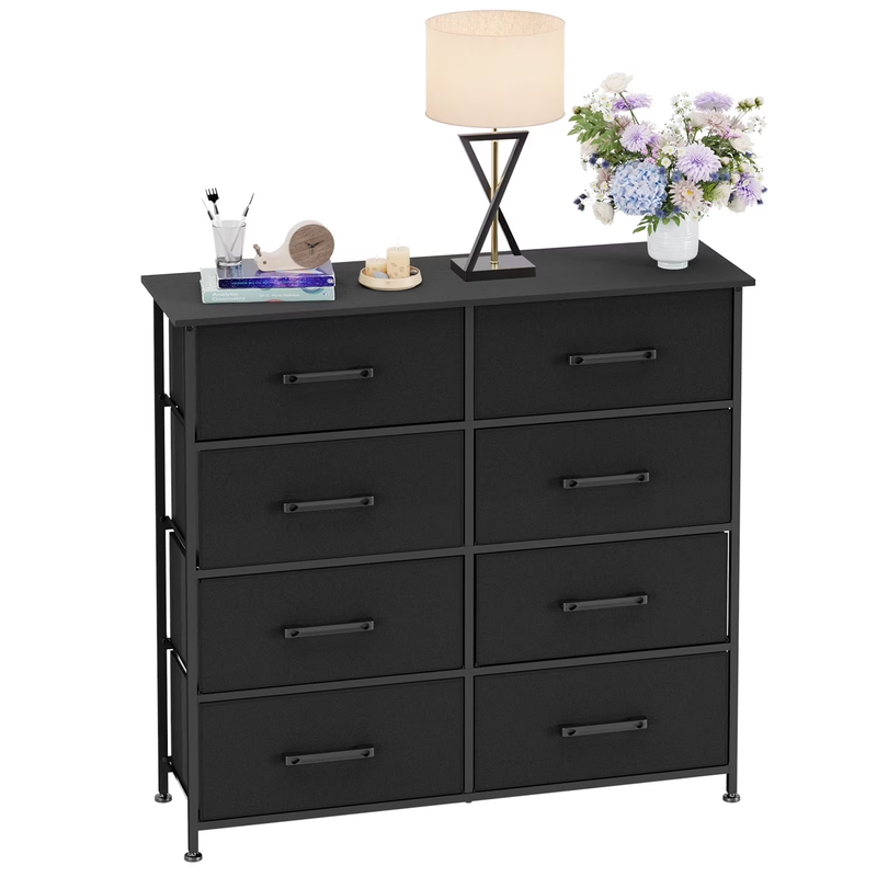 8 Drawer Fabric Dresser with Metal Frame & Wooden Top – Black0