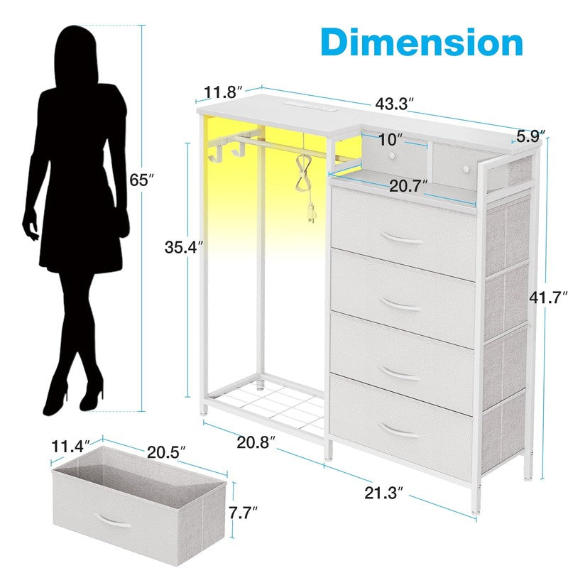 Dresser for Bedroom with Clothes Rack, 6 Drawers Dresser with Charging Station &6