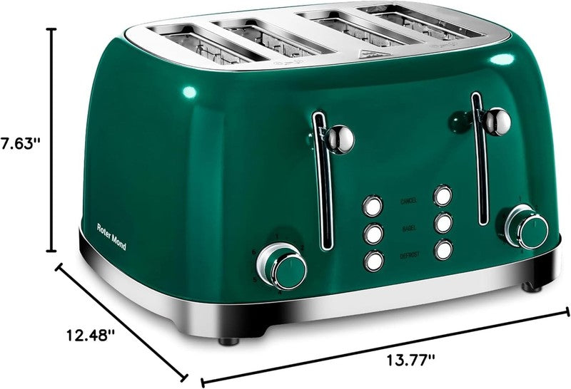 4 Slice Retro Toaster Green Stainless Steel Bagel Defrost Wide Slots7