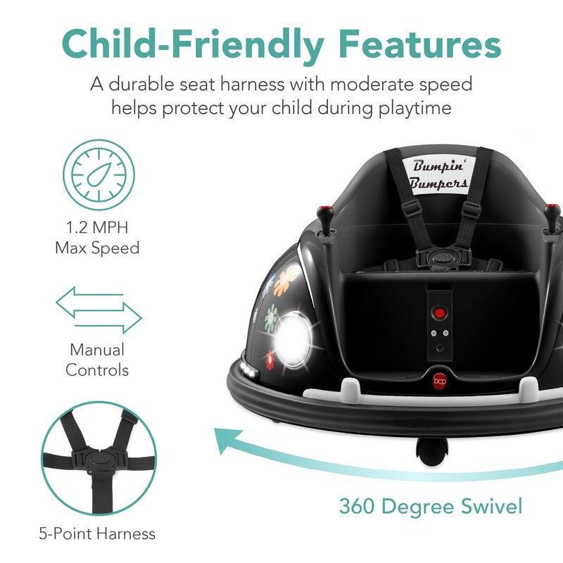Black 6V Kids Ride On Bumper Car Remote 360 Spin Harness Lights6