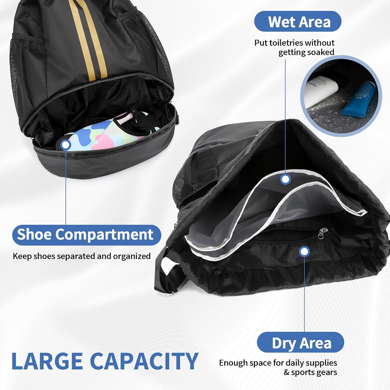 Drawstring Backpack Gym Bag w/ Shoe Compartment Water Resistant Cinch Black Gold2