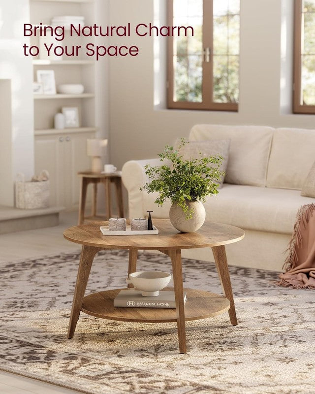 Round Coffee Table 2 Tier Storage Honey Brown 31.5in Living Room3