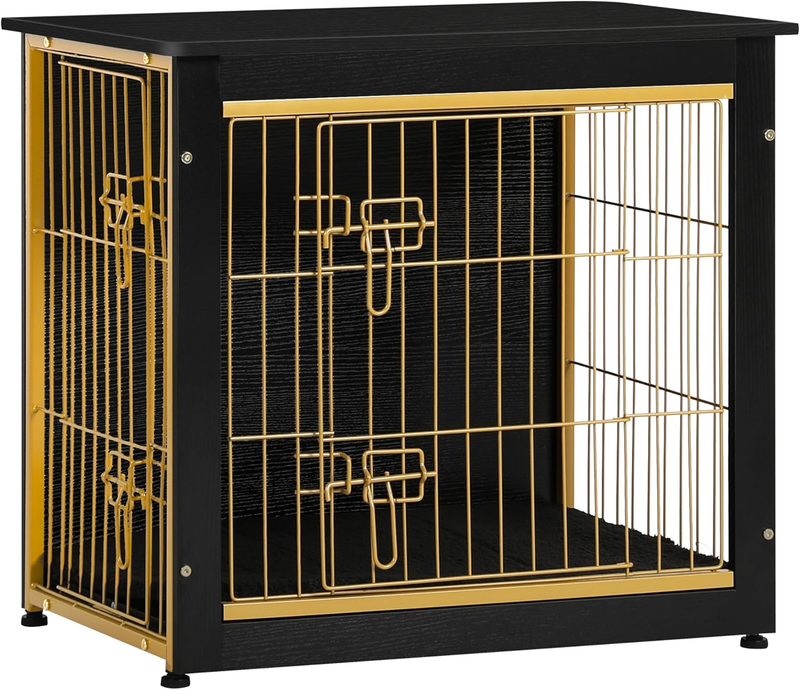 Dog Crate Furniture Table w/Cushion Wooden Kennel Double Door 27.2" Black/Gold10