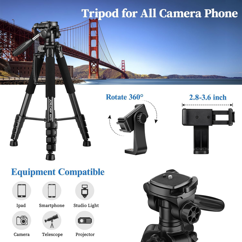 74" Camera Tripod Heavy Duty DSLR Phone Stand 15lb Load Travel Compatible3
