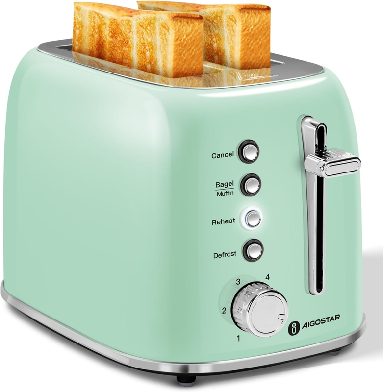 Retro 2 Slice Toaster Aqua Green - Wide Slots, Bagel, Defrost, 6 Shade0