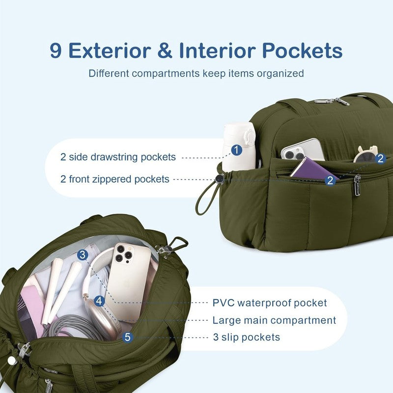 Travel Duffel Bag Women Puffer Gym Weekender Wet Pocket Carry On Dark Green5