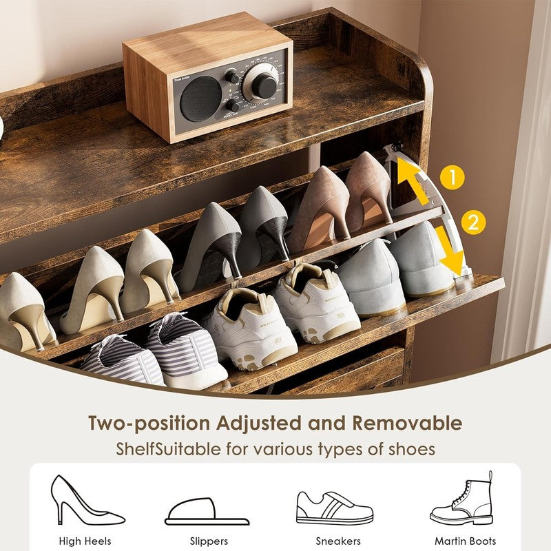 Shoe Cabinet 2 Flip Drawers Freestanding Slim Farmhouse Entryway Rustic Brown6