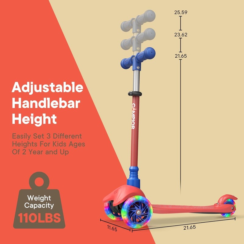 Kids 3 Wheel Scooter Lean to Steer LED Wheels Adjustable Handlebar Red/Blue5