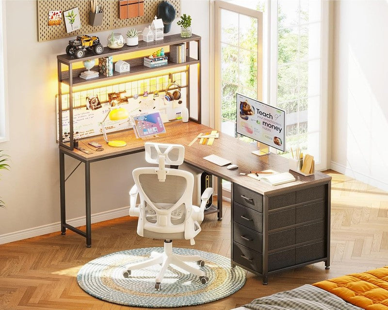 L Shaped Gaming Desk 59in Reversible Desk with 4 Drawers Grey LED Desk8
