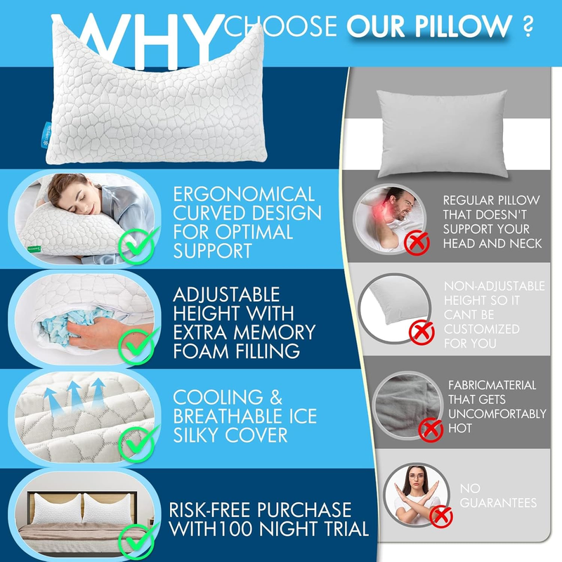 Cooling Pillows Queen Size Set of 2 Adjustable Memory Foam Neck Support7