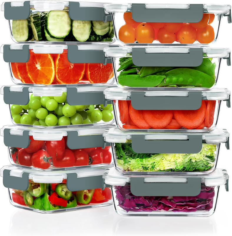 10 Pack 22oz Glass Meal Prep Containers Airtight Lids Grey8