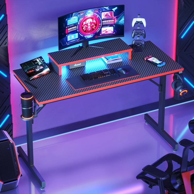 42" Gaming Desk PC Table w/ LED Lights & Monitor Stand Red8