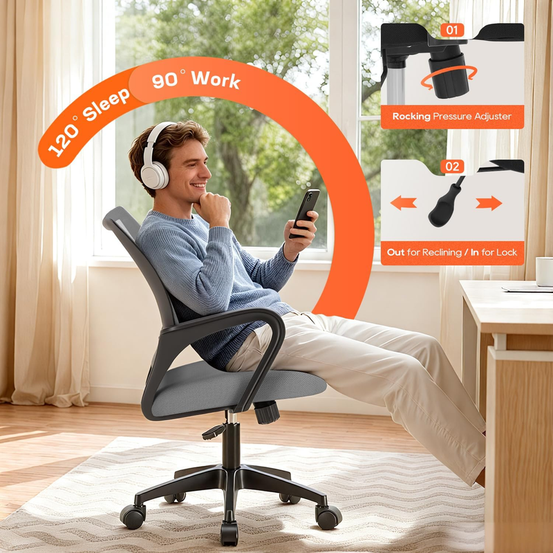 Ergonomic Office Chair Mid Back Swivel Desk Chair Lumbar Support Grey3
