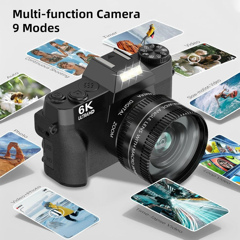 6K Digital Camera 64MP Vlogging WiFi 180° Flip Screen 16X Zoom 32GB Black3