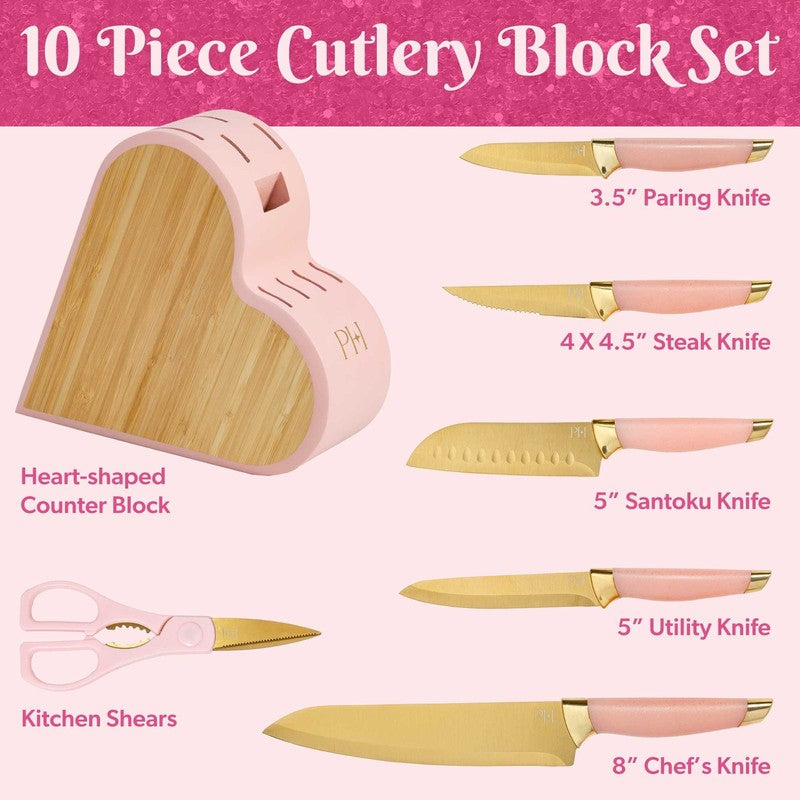 10 Piece Stainless Steel Kitchen Knife Set with Heart Shaped Block, Pink2