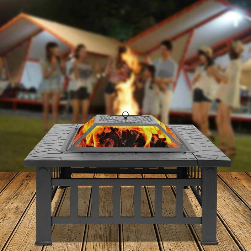 Wooden 32" Metal Fire Pit Patio Garden Square4