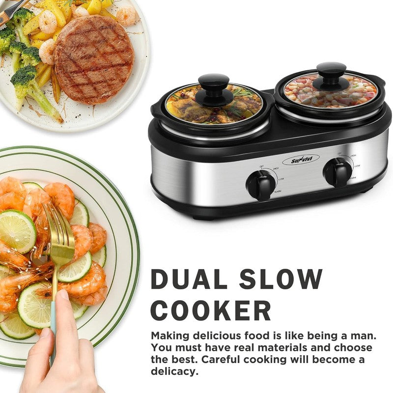Dual Pot Slow Cooker Buffet Server 2.5QT Total Oval Ceramic Warmer Lid1