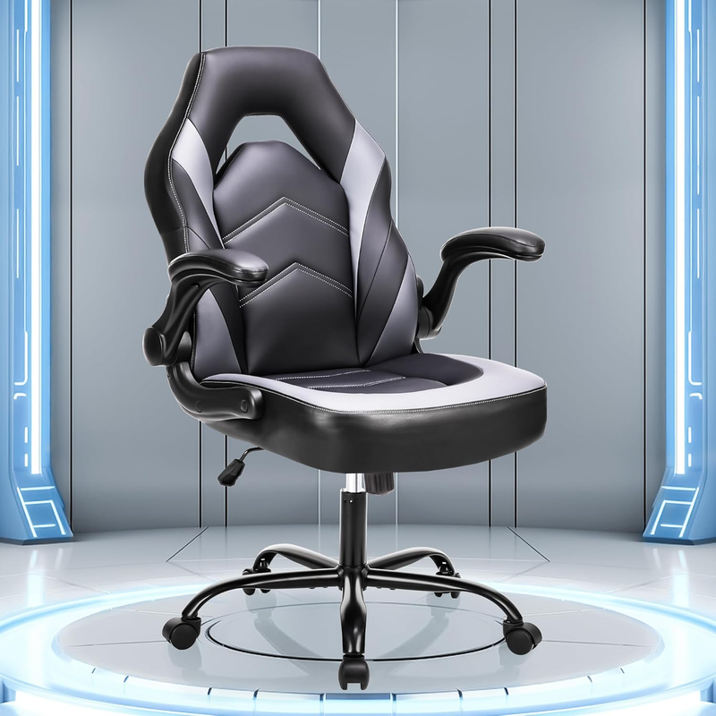 Big & Tall Office Gaming Chair Leather Swivel Desk Flip Up Arms Grey8