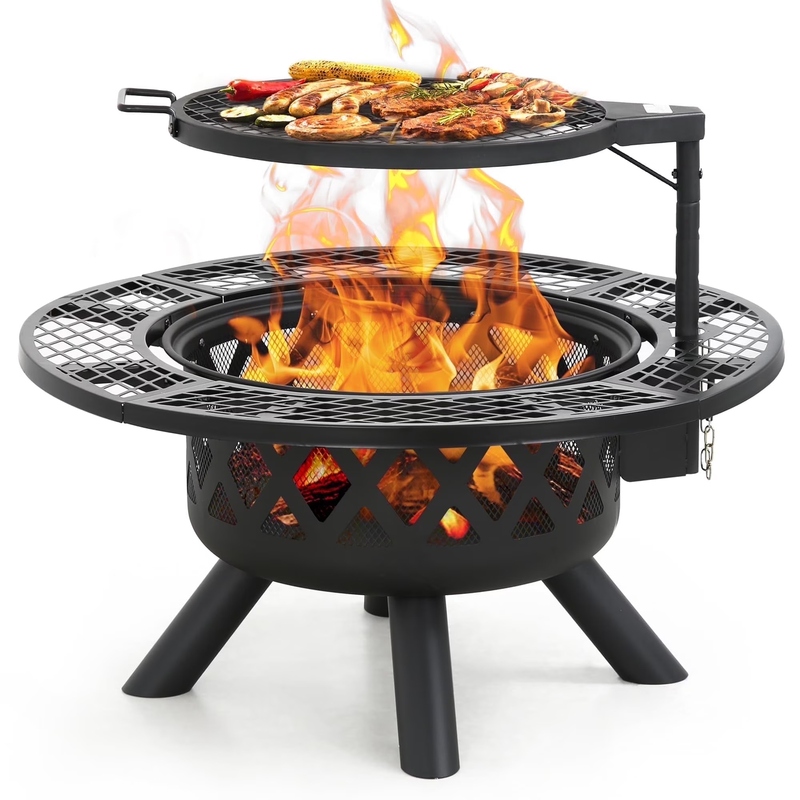 32" Wood Burning Fire Pit with Poker & Grill Outdoor Patio0
