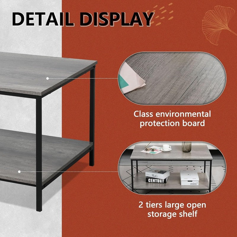 2 Tier Grey Oak Coffee Table with Storage, Wood & Metal, Living Room Table3