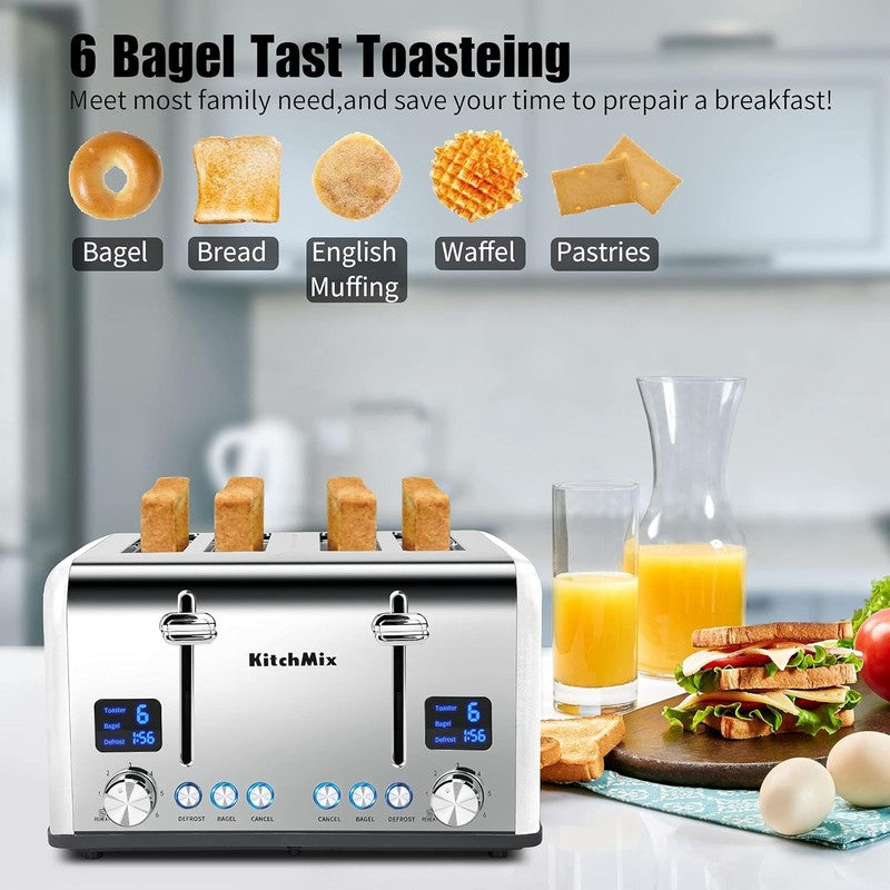 4 Slice Toaster White - Stainless Steel, LCD Timer, Wide Slots, Dual Display2
