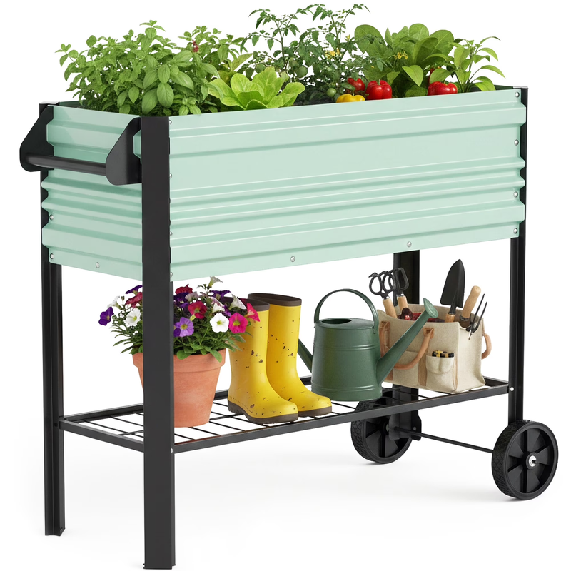 37In Outdoor Galvanized Raised Garden Bed with Legs and Wheels -Light Green9
