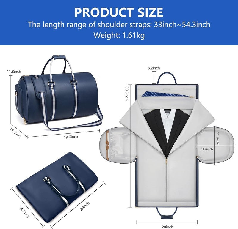Men Leather 2in1 Garment Duffle Bag Blue Waterproof Suit Travel Carry On3