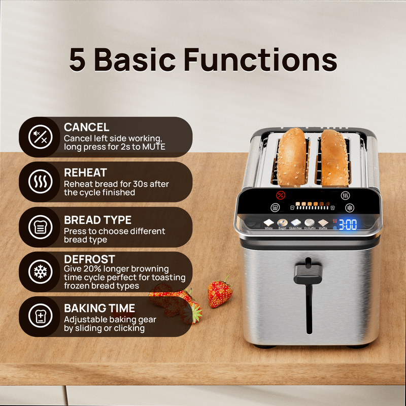 2-Slice Touchscreen Toaster Stainless Steel Wide Slots Bagel Reheat Defrost1