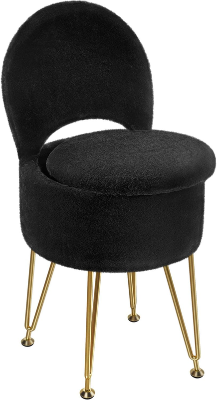 Faux Fur Vanity Stool Chair w/Storage Folding Back Ottoman Black7