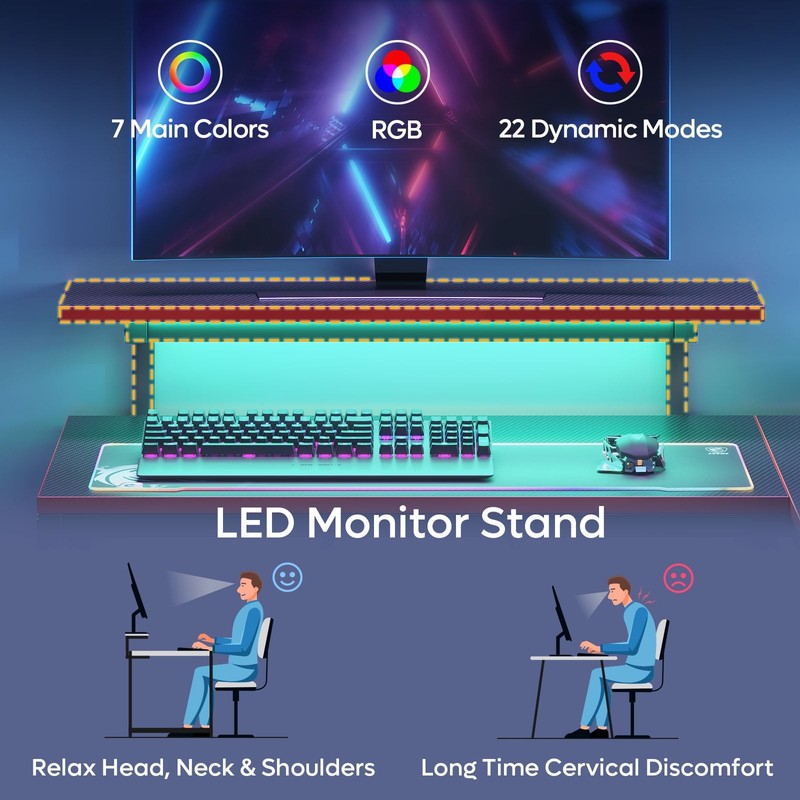 42" Reversible L-Shaped Gaming Desk LED with Monitor Stand & Headset Hooks3