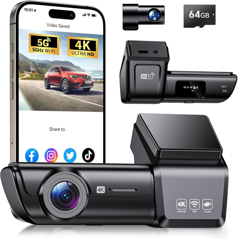 4K+1080P Dual Dash Cam Front Rear w/ 64GB Card 5G WiFi App Night Vision10