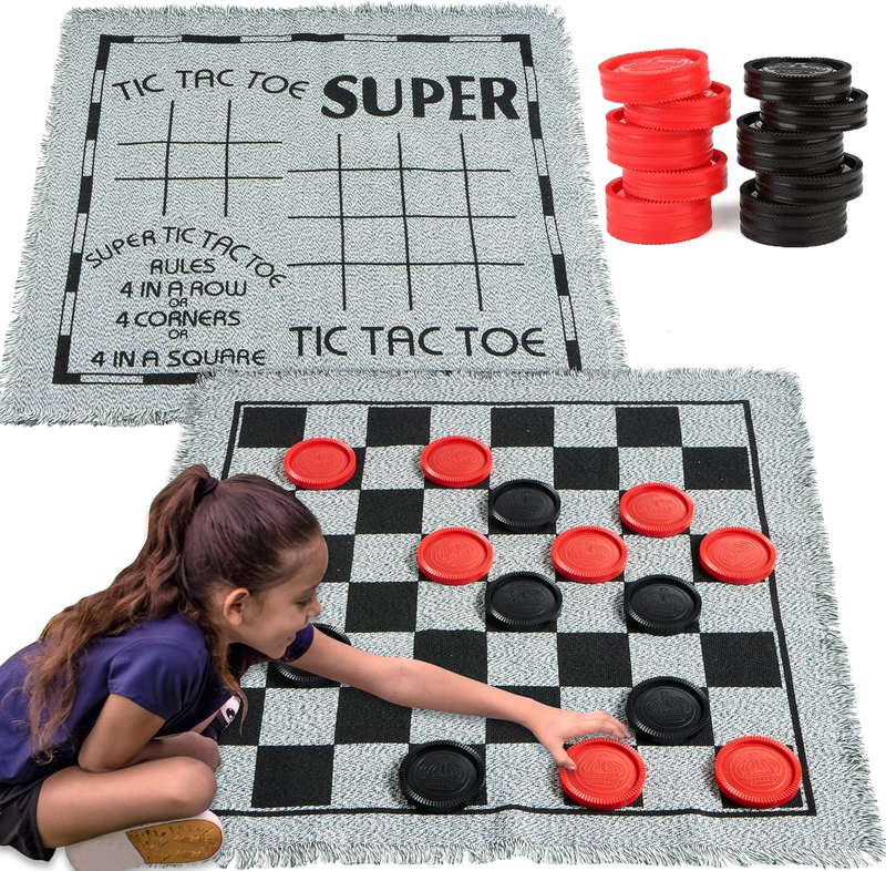 3-In-1 Vintage Giant Checkers, Tic, Tac, Toe, with Reversible Mat, 24 Chips, Fam0