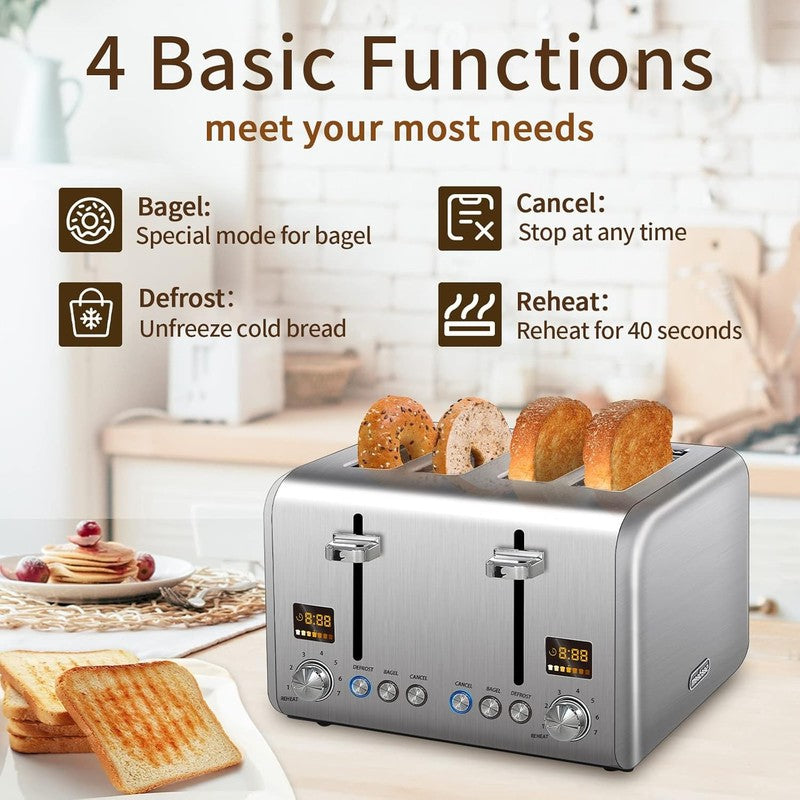 4 Slice Stainless Toaster Silver - LCD Display, 7 Shades, Bagel, Defrost, 1800W3