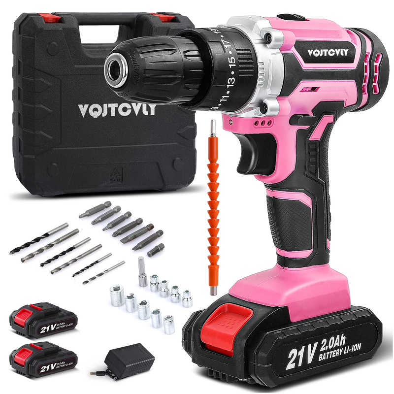 21V Cordless Drill Set 2Ah Battery 25+1 Torque 2-Speed Keyless Chuck Pink9